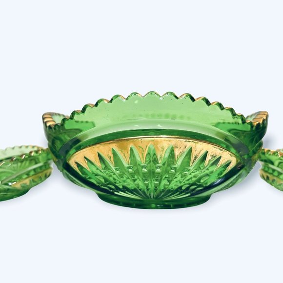 RARE Heisey Glass Emerald Green Pineapple and Fan Gold Bowls EAPG 1898 Set of 3 - Picture 4 of 10